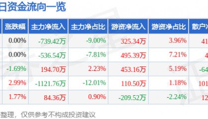 股票行情快报：海宁皮城（002344）11月12日主力资金净卖出739.42万元
