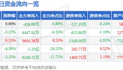 股票行情快报：双良节能（600481）12月9日主力资金净卖出458.88万元