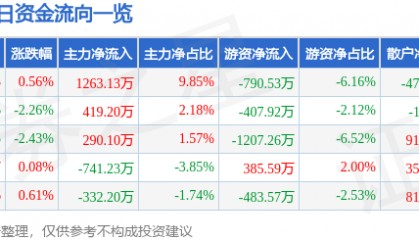 股票行情快报：中南传媒（601098）9月4日主力资金净买入1263.13万元