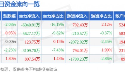 股票行情快报：国电南自（600268）8月29日主力资金净卖出6040.91万元