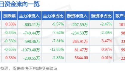 股票行情快报：国中水务（600187）8月12日主力资金净卖出803.11万元
