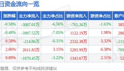 股票行情快报：国电南自（600268）8月19日主力资金净卖出3087.01万元