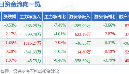 股票行情快报：海南瑞泽（002596）6月27日主力资金净卖出585.29万元