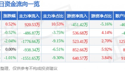 股票行情快报：华联股份（000882）8月4日主力资金净买入920.53万元