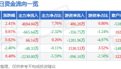 股票行情快报：海宁皮城（002344）12月9日主力资金净买入4694.04万元