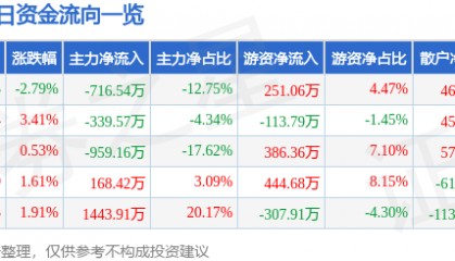 股票行情快报：海宁皮城（002344）10月29日主力资金净卖出716.54万元
