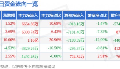 股票行情快报：洪都航空（600316）1月13日主力资金净买入6664.36万元