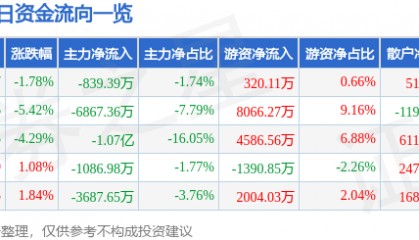 股票行情快报：申万宏源（000166）1月3日主力资金净卖出839.39万元