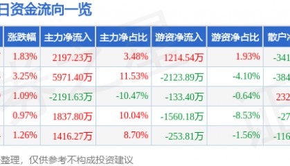 股票行情快报：电广传媒（000917）6月11日主力资金净买入2197.23万元