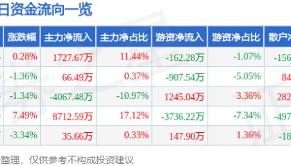 股票行情快报：海南瑞泽（002596）6月11日主力资金净买入1727.67万元