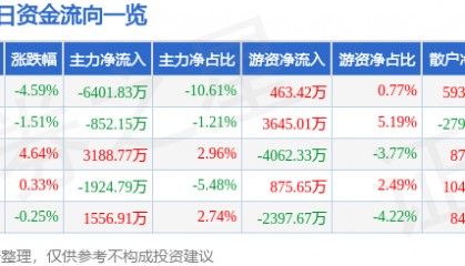 股票行情快报：鲁西化工（000830）11月22日主力资金净卖出6401.83万元