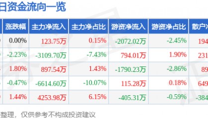 股票行情快报：国电南自（600268）8月27日主力资金净买入123.75万元