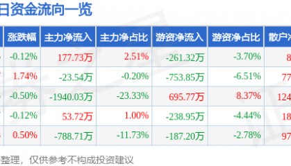 股票行情快报：建新股份（300107）8月12日主力资金净买入177.73万元
