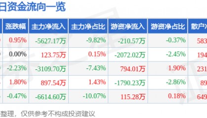 股票行情快报：国电南自（600268）8月28日主力资金净卖出5627.17万元