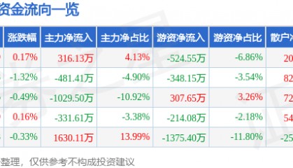 股票行情快报：新五丰（600975）3月3日主力资金净买入316.13万元