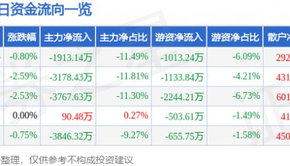 股票行情快报：青岛金王（002094）2月13日主力资金净卖出1913.14万元