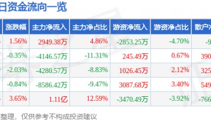 股票行情快报：君正集团（601216）3月12日主力资金净买入2949.38万元