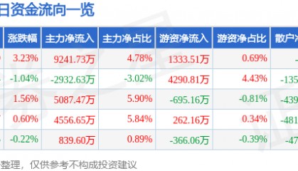 股票行情快报：软通动力（301236）4月23日主力资金净买入9241.73万元