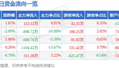股票行情快报：海南瑞泽（002596）7月8日主力资金净买入113.12万元