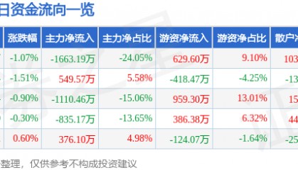 股票行情快报：石化机械（000852）9月19日主力资金净卖出1663.19万元