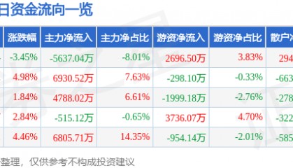 华联股份（000882）9月5日主力资金净卖出5637.04万元