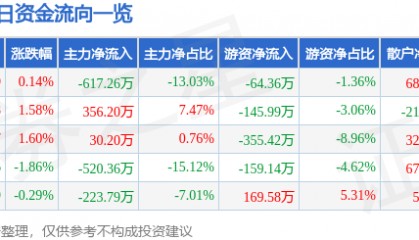 股票行情快报：双箭股份（002381）8月5日主力资金净卖出617.26万元