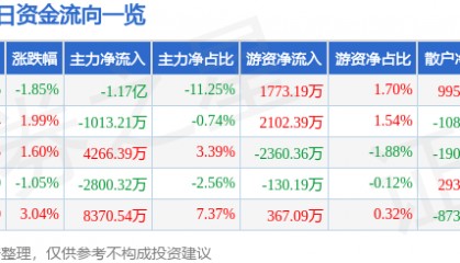 股票行情快报：网宿科技（300017）12月3日主力资金净卖出1.17亿元