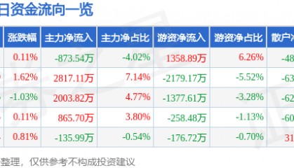 股票行情快报：上海电力（600021）3月4日主力资金净卖出873.54万元