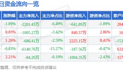 股票行情快报：鲁西化工（000830）12月13日主力资金净卖出2201.43万元