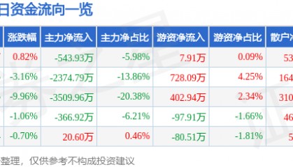 股票行情快报：晨鸣纸业（000488）2月5日主力资金净卖出543.93万元