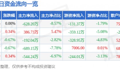 国中水务（600187）9月5日主力资金净卖出628.20万元