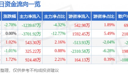 股票行情快报：大唐发电（601991）12月13日主力资金净卖出1239.67万元