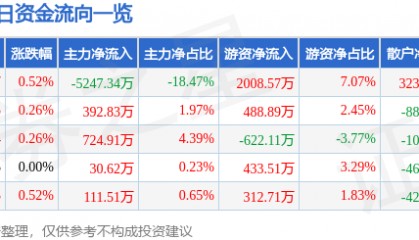 股票行情快报：中国东航（600115）8月13日主力资金净卖出5247.34万元