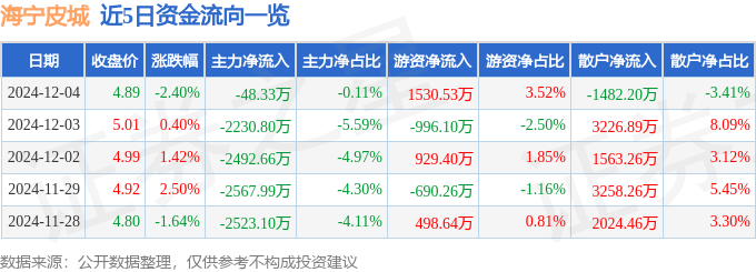 股票行情快报：海宁皮城（002344）12月4日主力资金净卖出48.33万元