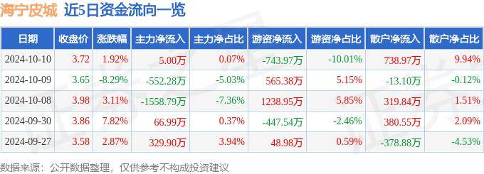 股票行情快报：海宁皮城（002344）10月10日主力资金净买入5.00万元