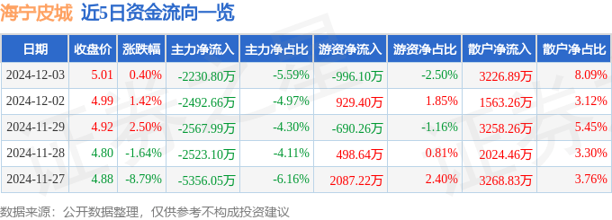 股票行情快报：海宁皮城（002344）12月3日主力资金净卖出2230.80万元