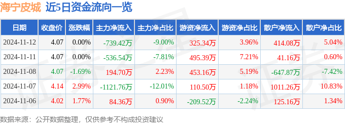 股票行情快报：海宁皮城（002344）11月12日主力资金净卖出739.42万元