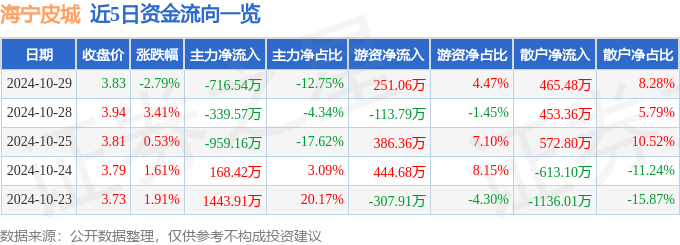 股票行情快报：海宁皮城（002344）10月29日主力资金净卖出716.54万元