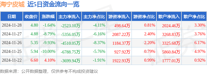 股票行情快报：海宁皮城（002344）11月28日主力资金净卖出2523.10万元
