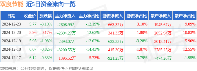 股票行情快报：双良节能（600481）12月23日主力资金净卖出2608.99万元