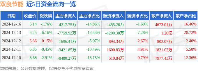 股票行情快报：双良节能（600481）12月16日主力资金净卖出4217.75万元