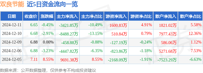股票行情快报：双良节能（600481）12月11日主力资金净卖出3421.85万元