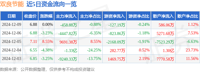 股票行情快报：双良节能（600481）12月9日主力资金净卖出458.88万元