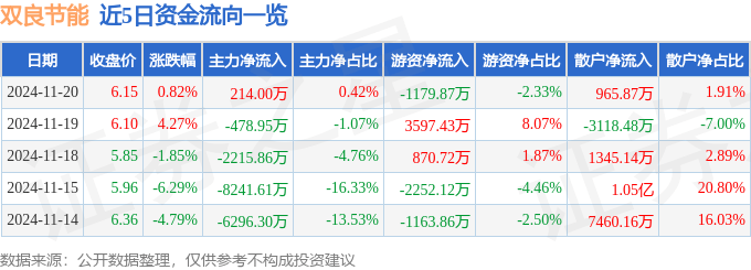 股票行情快报：双良节能（600481）11月20日主力资金净买入214.00万元