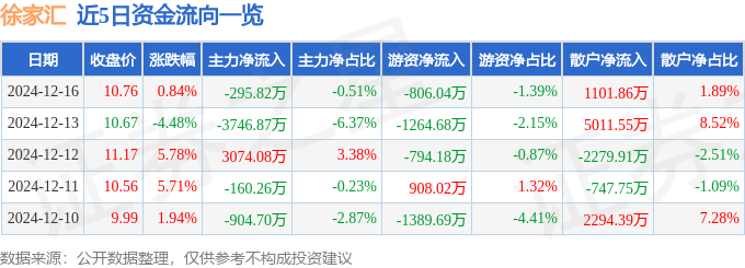 股票行情快报：徐家汇（002561）12月16日主力资金净卖出295.82万元
