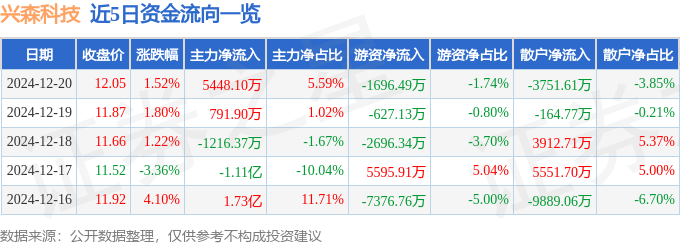 股票行情快报：兴森科技（002436）12月20日主力资金净买入5448.10万元