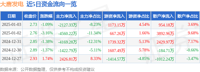 股票行情快报：大唐发电（601991）1月3日主力资金净卖出2127.33万元