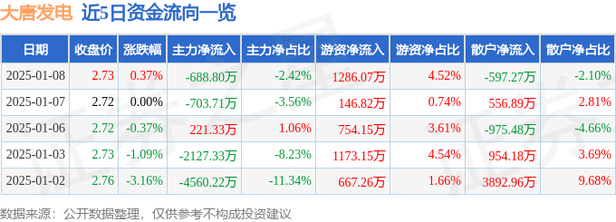 股票行情快报：大唐发电（601991）1月8日主力资金净卖出688.80万元
