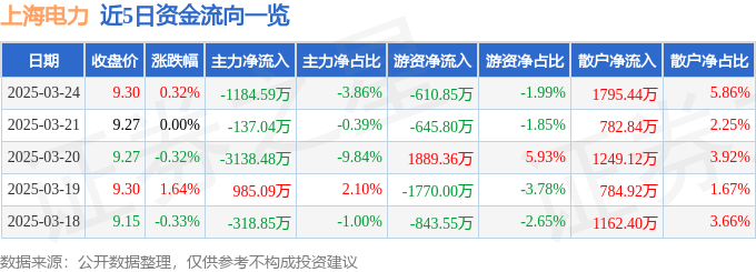 股票行情快报：上海电力（600021）3月24日主力资金净卖出1184.59万元
