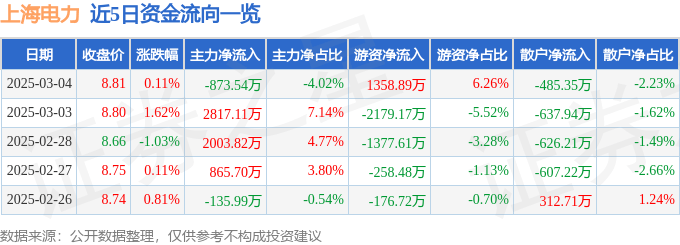 股票行情快报：上海电力（600021）3月4日主力资金净卖出873.54万元
